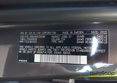 2022 Volvo Xc60 B5 Momentum z USA, uszkodzony, nr VIN YV4L12RK6N1035585